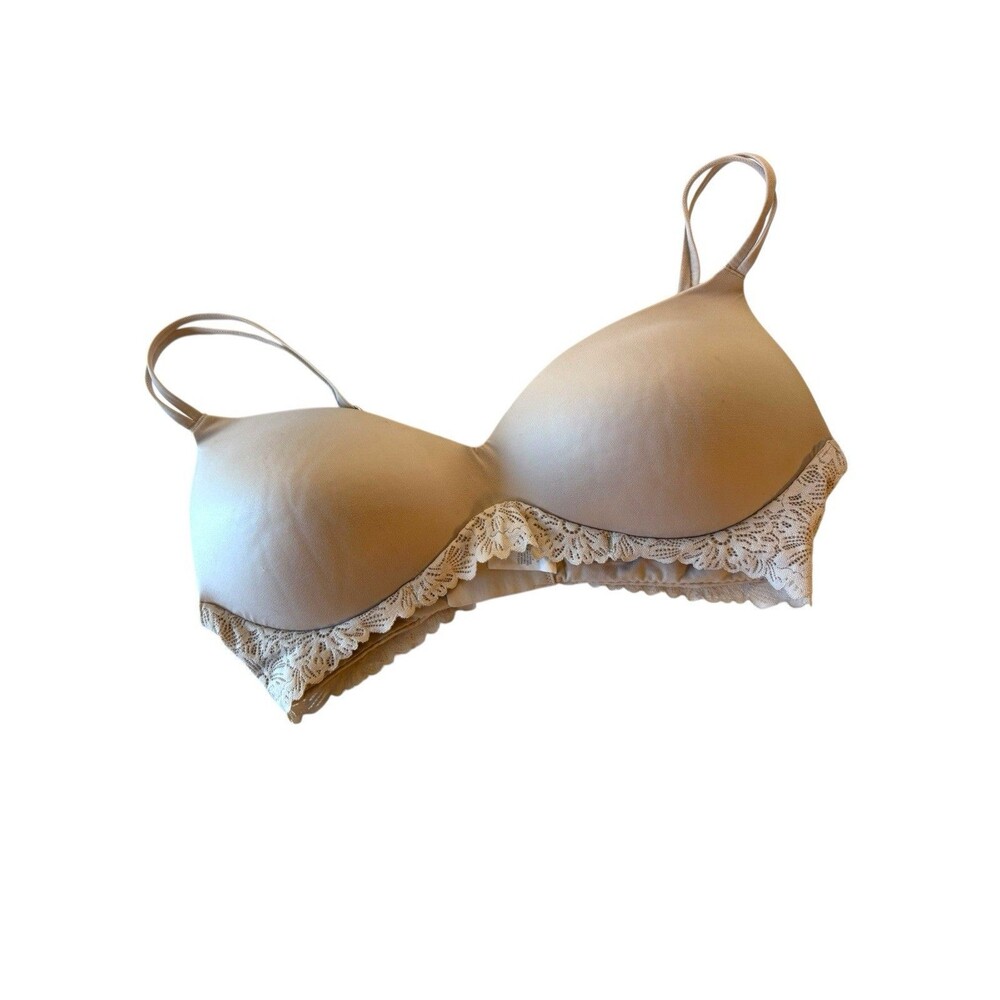 Aerie Real Happy Wireless Demi Bra 38C Beige Nude Lace Trim Lightly Lined